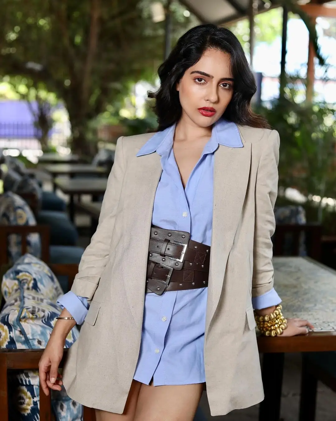 Malvi Malhotra Photoshoot in Blue Shirt Coat